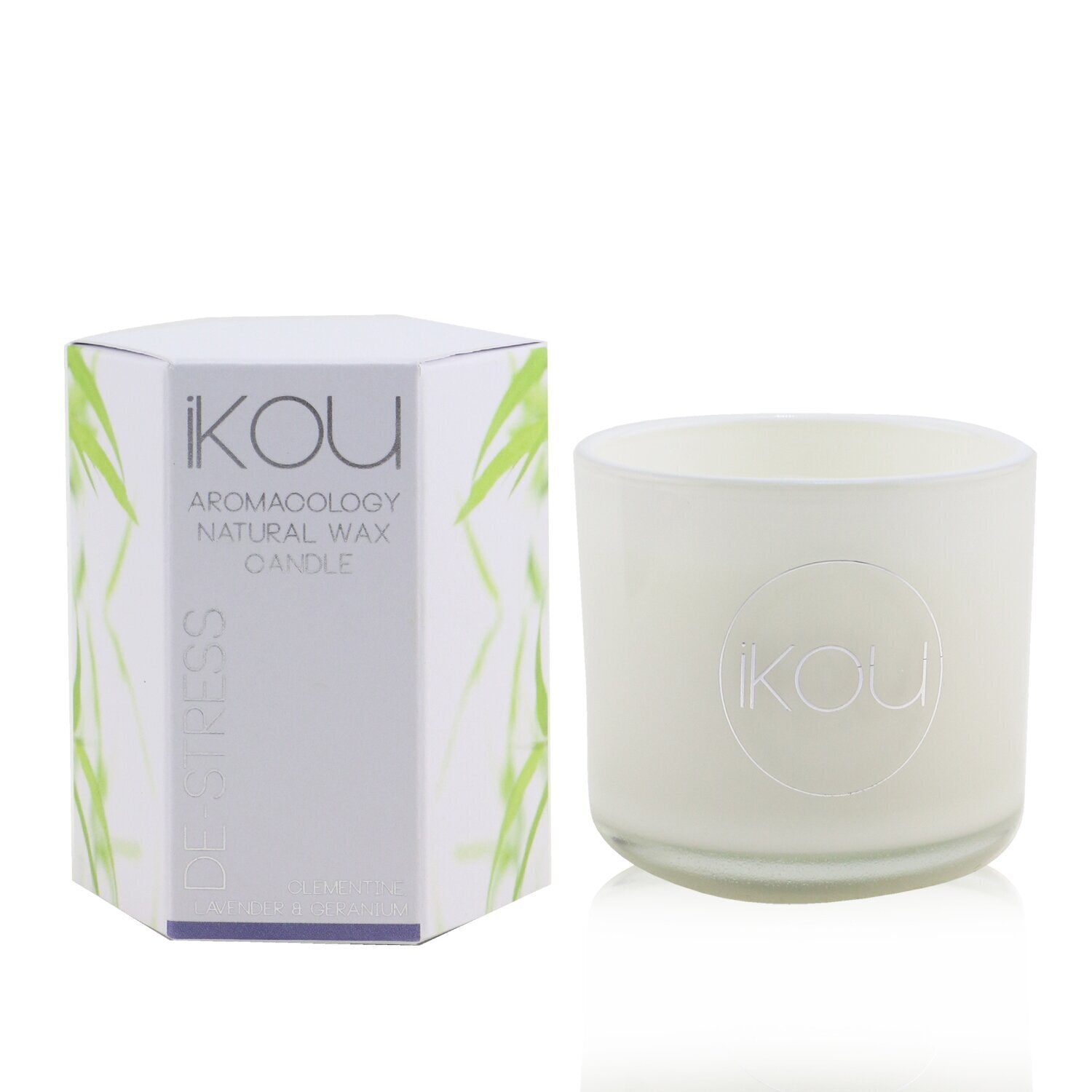 iKOU Eco-Luxury Aromacology Natural Wax Candle Glass - De-Stress (Lavender & Ger