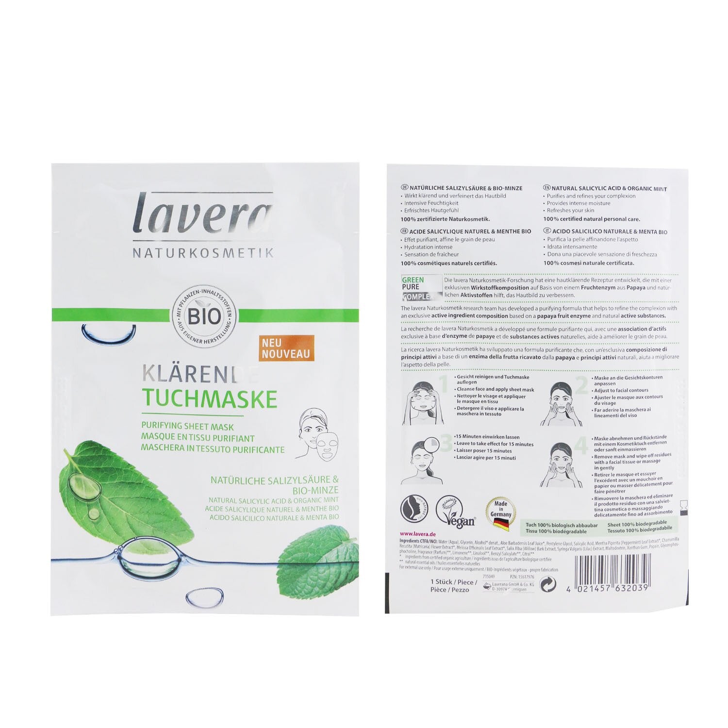 Lavera Sheet Mask - Purifying (With Natural Salicylic Acid & Organic Mint)  1she